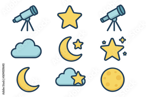 Astronomy icon set with simple telescope, star, moon, and cloud symbols. Night sky observation and space exploration concept. Flat cartoon vector for science education.