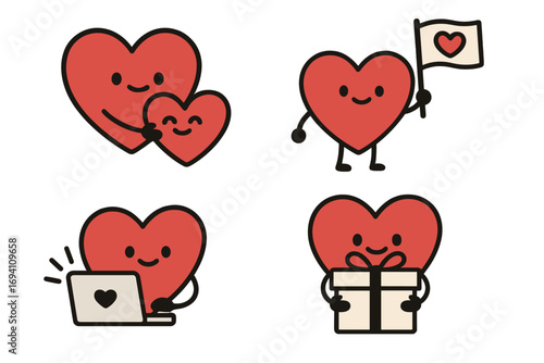 Cute heart character set. Love, family care hug. Online dating on laptop. Charity donation gift. Support community pride flag. Cartoon vector mascot illustration collection.