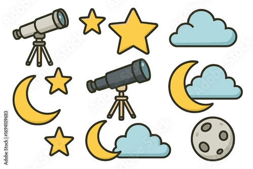 Set of astronomy cartoon icons. Telescope, stars, crescent and full moon, clouds. Night sky objects for science projects, stickers, or educational material. Vector pack.
