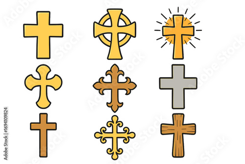 Set of Christian cross icons. Collection of religious symbols. Vector illustration for faith, spirituality, and church projects. Includes Celtic, wooden, and ornate crucifixes.