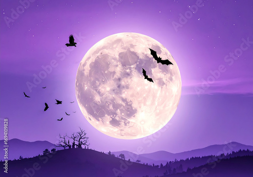 Halloween full moon background with flying bat silhouettes in purple night sky