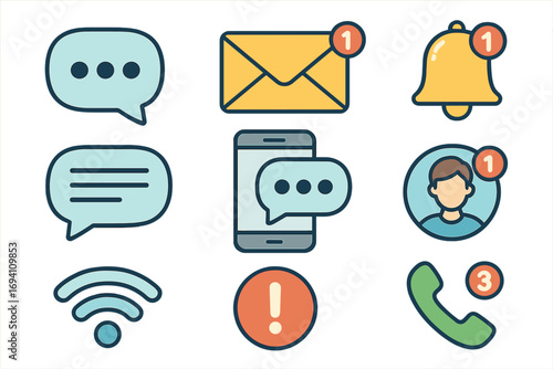 Communication icon set. Notification icons for web and mobile. Chat bubble, email, new message, alert, missed call, reminder bell. Social media UI elements. Vector pack.