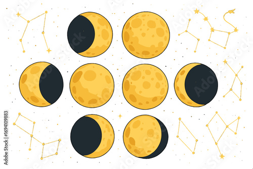Moon phases and constellations vector illustration set. Astronomy graphic. Lunar cycle, crescent, full moon, stars, galaxy. Night sky cartoon design elements collection.