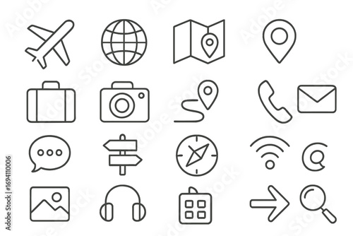 Travel and communication line icon set. Simple outline icons for web and mobile. Vector symbols collection of airplane, map, gps, navigation, contact, and business signs.