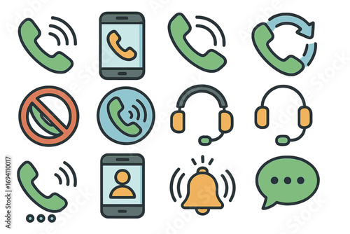Phone communication vector icon set. Collection of cartoon symbols for mobile app and web design. Includes call, smartphone, headset, message bubble, contact, and notification bell.