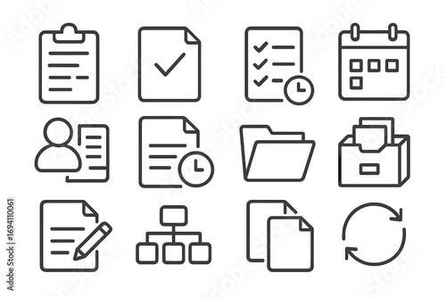 Business workflow and project management icon set. Simple line icons for documents, tasks, organization, and planning. Office administration and data management symbols.