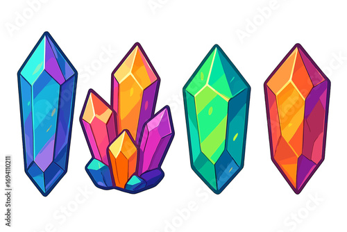 Crystal and gem vector set. Colorful magic mineral stone icons for games. Cartoon precious gemstone assets. Isolated fantasy jewel collection for treasure or geology design.