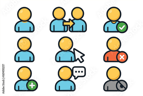 User profile icon set. UI UX design elements. People avatars showing status: add, delete, block, verified, chat, select. Vector symbols for web and app interface concepts.