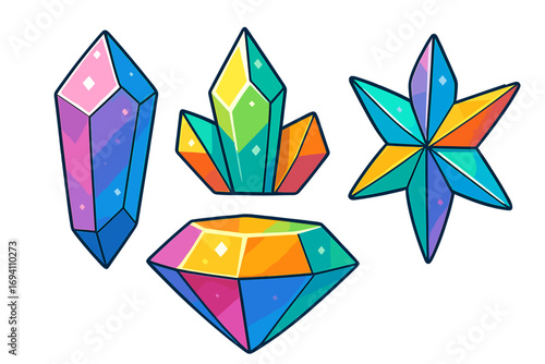 Set of colorful crystal gems and diamond shapes. Vector cartoon illustration of precious jewels and minerals. Shiny geometric faceted icons collection for game or fantasy design.