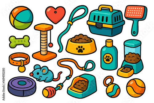 Vector collection of pet shop accessories for cat and dog. Cartoon illustration set with icons for pet care, food, toys, grooming, leash, collar, and travel carrier.