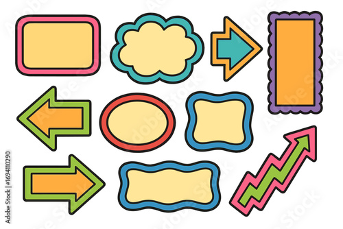 Collection of colorful vector frames and arrows. Cartoon sticker style text boxes, signs, and labels. Modern pop art pointers and a growth chart arrow for presentations.