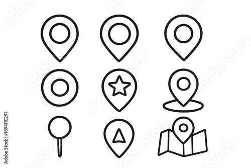 Map location pin icon set. GPS pointer symbol collection. Simple line art geotag sign. Navigation marker for destination, address, and travel route. Vector graphic element.