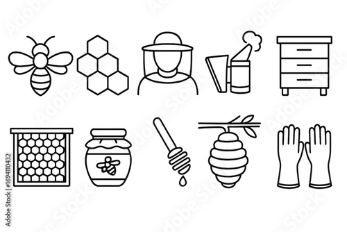 Honey and beekeeping vector line icon set. Apiary collection with bee, hive, honeycomb, beekeeper, smoker, gloves and other apiculture tools. Outline illustration icons.