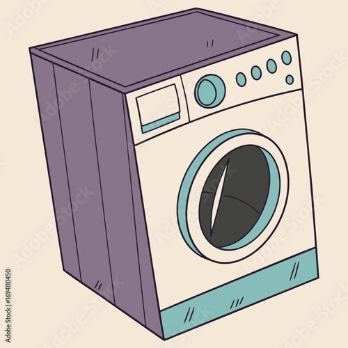 A front-loading washing machine. The drawing has a clean, cartoonish style with thick outlines and a limited color palette of muted purple, teal, and cream. The perspective is a slight upward angle.