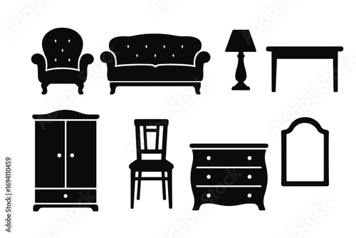 Classic furniture silhouette set. Vector icons for interior design. Antique home decor collection. Vintage armchair, sofa, wardrobe, dresser, table, chair, and lamp icons.