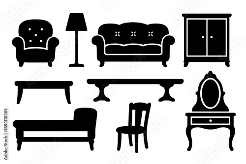 Classic furniture silhouette icon set for interior design. Vector collection of vintage home decor elements. Antique sofa, chair, table, lamp and cabinet glyphs for decoration.