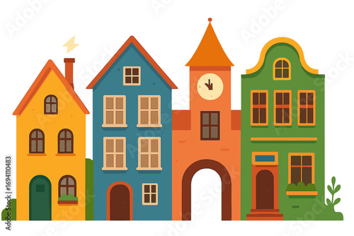 Colorful vector flat illustration of traditional European buildings. Quaint town street with old city houses and a clock tower. Cartoon architecture facade set isolated.