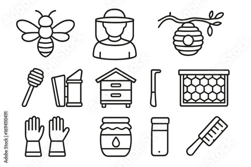 Beekeeping line icon set with apiary, hive, and honey production tools. Apiculture collection with bee, honeycomb, and beekeeper symbols. Vector icons for organic farming.