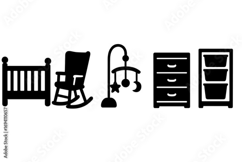 Nursery furniture black silhouette icon set. Baby room essentials for newborn. Vector collection includes crib, rocking chair, mobile, dresser, and storage organizer.