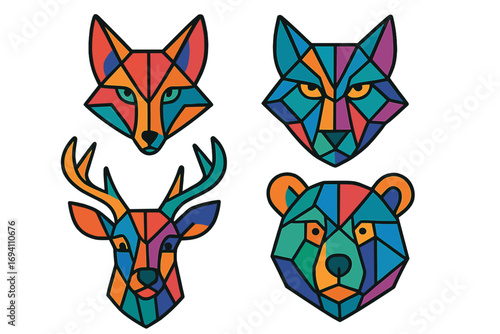 Set of geometric animal heads. Colorful low poly logo collection with fox, wolf, deer, bear. Modern abstract polygon mosaic vector icons for brand identity or creative design.