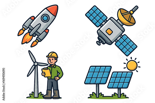 Vector icon set of space exploration and renewable energy. Cartoon illustration of a rocket, satellite, solar panels, and a wind turbine with an engineer. Technology concept.