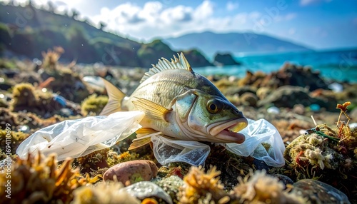Fototapeta Naklejka Na Ścianę i Meble -  Dead fish surrounded by plastic pollution on a beach
