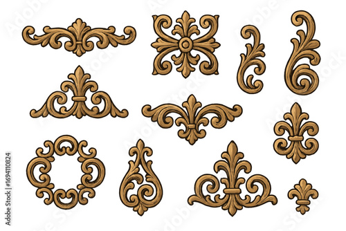 Baroque golden element collection. Antique style damask floral ornaments. Vintage scroll, filigree, fleur de lis icons. Rococo decorative design for border, frame, and wedding.