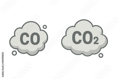 Carbon dioxide and carbon monoxide chemical formula icon. CO2 and CO gas emission cloud. Air pollution, smoke, smog concept. Environmental problem. Climate change vector illustration.