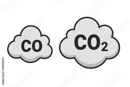 Carbon dioxide CO2 and carbon monoxide CO gas pollution icon set. Vector illustration of smoke clouds symbol for emissions, air quality, environmental pollution and climate change.