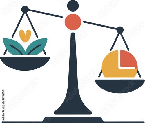 Flat design icon of work life balance symbolized by scales with green leaves and business chart vector