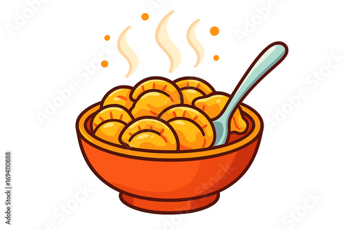 Steaming bowl of delicious golden dumplings, gyoza or pierogi. Traditional Asian or Eastern European food concept. Hot meal for lunch or dinner. Vector cartoon illustration.