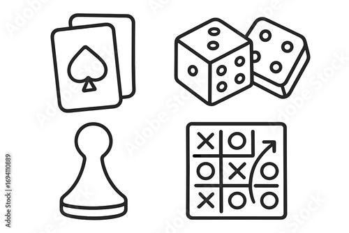 Board game line icon set with playing cards, dice, pawn, and tic-tac-toe strategy. Vector graphic collection for leisure, hobby, and entertainment concepts. Simple outline illustration.
