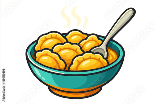 Steaming bowl of golden dumplings. Cartoon vector illustration for food design. Delicious pierogi, gyoza or ravioli meal. Hot traditional lunch dish on transparent background.