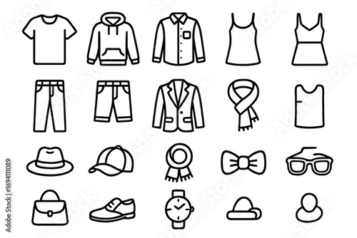 Fashion apparel outline icon set. Clothing, style, and accessories line art collection. Vector symbols for men's and women's wear, simple minimalist pictogram illustration.