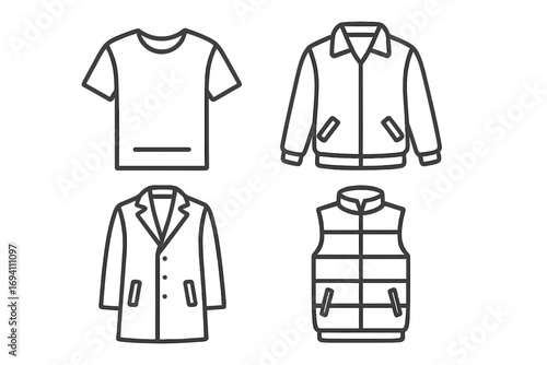 Fashion apparel outline icon set. Clothing, jacket, coat, and vest line art designs. Simple vector cartoon illustration for web and graphic design. Modern garment symbols.