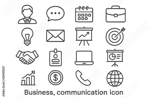 Business and communication line icon set. Professional office tools, corporate management, and finance symbols. Vector collection for web, contact, and marketing. Growth.