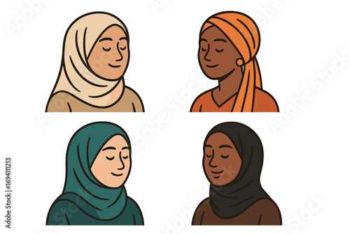 Diverse women portraits in headscarves. Muslim girls in hijab, African woman in turban. Multicultural female faces icon set. Minimalist cartoon vector for diversity concepts.