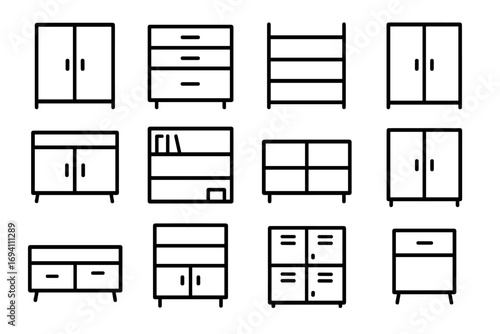 Furniture storage line icon set. Cabinet, shelf, locker, drawer outline collection. Vector graphic symbol for interior design, home, office. Minimalist pictogram illustration.