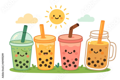 Kawaii bubble tea characters vector illustration. Set of cute boba milk tea drink mascots with smiling faces on a sunny day. Flat design cartoon for refreshing summer drinks menu.