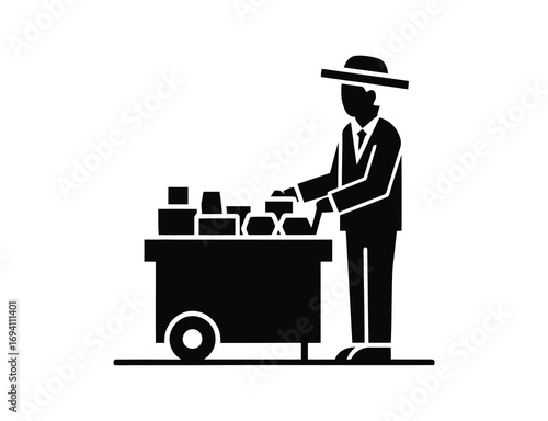 Silhouette of a street vendor with a cart