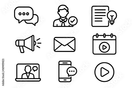 Business communication icon set. Thin line icons for marketing, productivity, email and social media. Vector symbols for web, video conference, chat and contact.