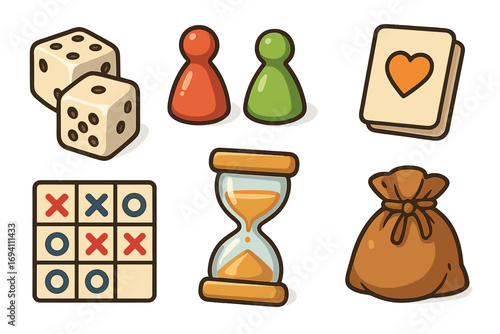 Board game icon set with dice, pawns, card, tic-tac-toe grid, hourglass timer, and bag. Vector cartoon illustration for tabletop gaming, leisure, strategy and family fun.