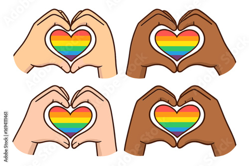 Diverse multiracial hands making heart gesture with rainbow flag. Symbol of love, equality, unity. LGBTQ+ pride month celebration concept. Community support vector illustration set.