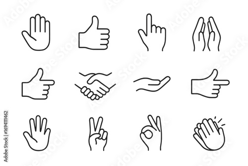 Hand gesture outline icon set. Communication signs like thumbs up, handshake, pointing finger, ok, peace. Vector linear symbols for interaction and nonverbal language.