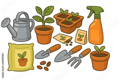 Gardening tools equipment set vector cartoon. Home garden hobby supplies. Planting seeds sprout seedling plant. Watering can trowel fork soil pot. Grow nurture concept.