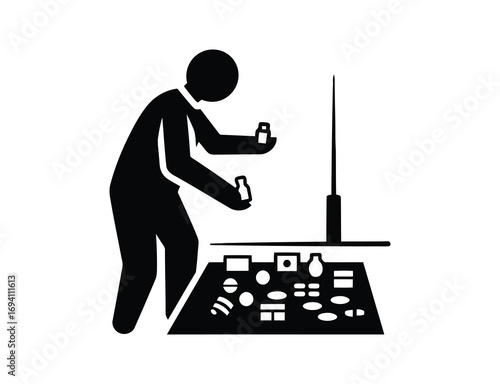 Silhouette of a person examining items on a display table
