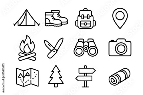 Camping and hiking line icon set. Outdoor equipment, adventure symbols. Vector collection for travel, tourism, exploration. Trekking gear, survival kit outline pictograms.