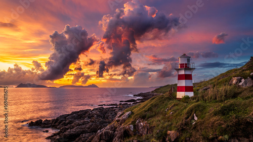 A Striped Lighthouse Under a Fiery Sunset Sky. The lighthouse stands on a rocky, green cliff overlooking a calm sea. The sky above is a breathtaking spectacle of a sunset with vibrant clouds.