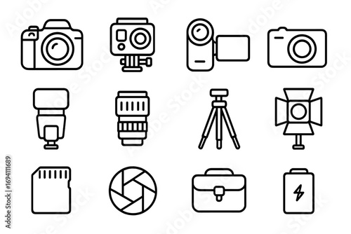 Camera equipment outline icon set. Photography and video gear symbols collection. Vector illustration of DSLR, lens, tripod, flash, action cam, studio light, battery icons.