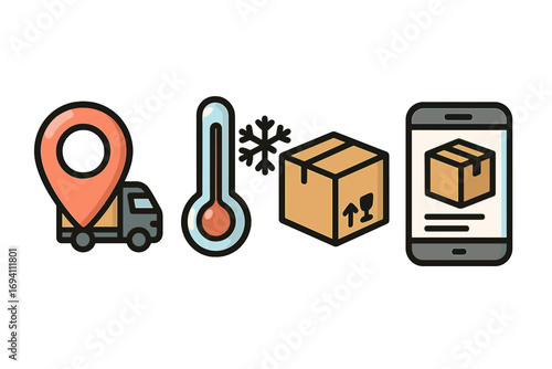 Logistics delivery icon set. Supply chain management concept. Location tracking, temperature control, cold chain, cargo shipping, mobile app monitoring. Freight transportation.